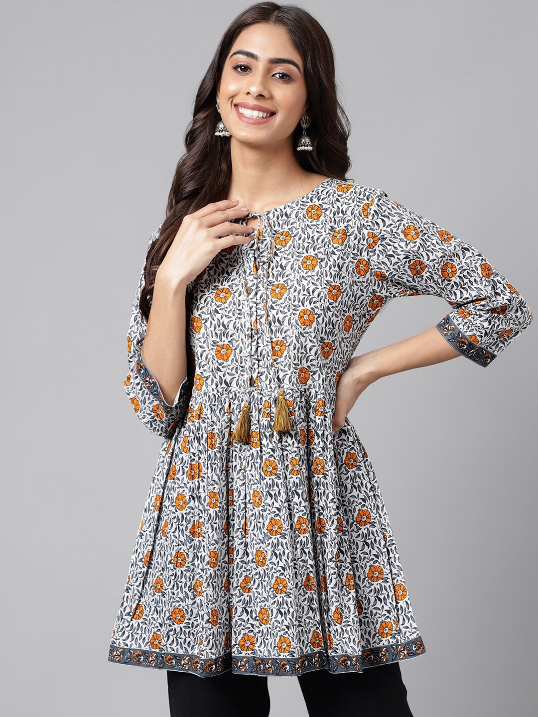 

Janasya Floral Printed Cotton Longline A-Line Top, Grey