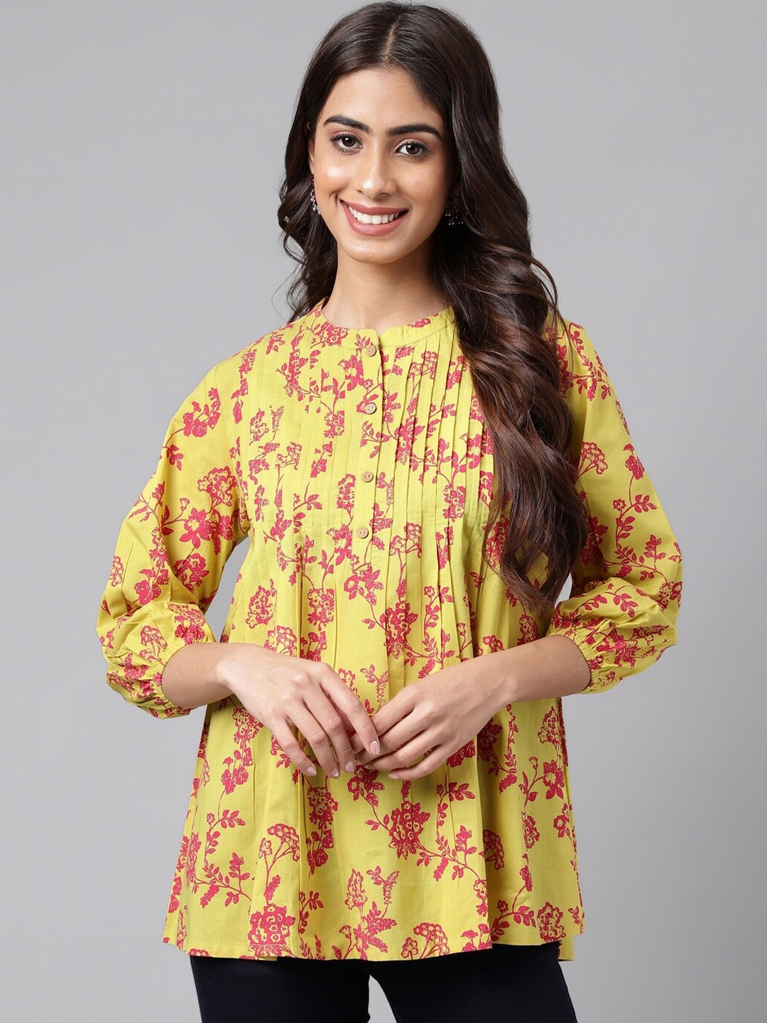 

Janasya Floral Printed Cotton A-Line Top, Yellow