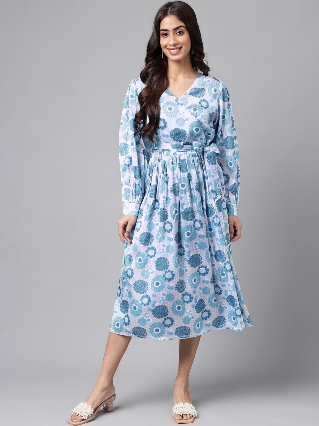

Janasya Floral Printed Cuffed Sleeve Fit & Flare Midi Dress, Grey