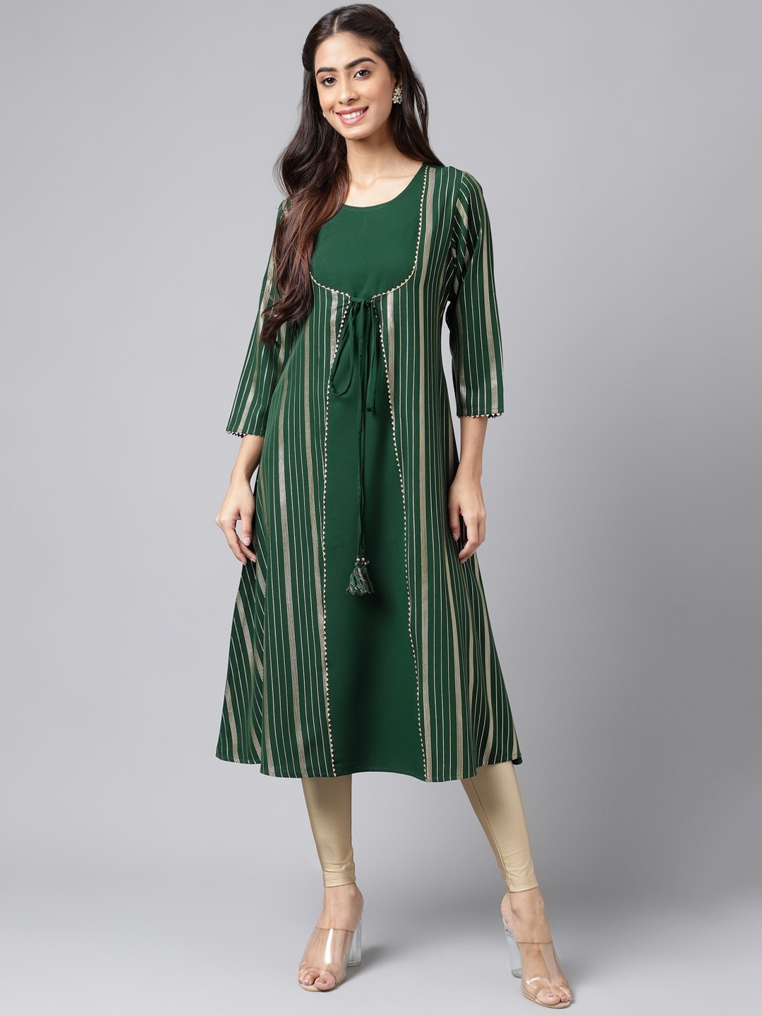 

Janasya Green Striped Gotta Patti Round Neck A-Line Kurta