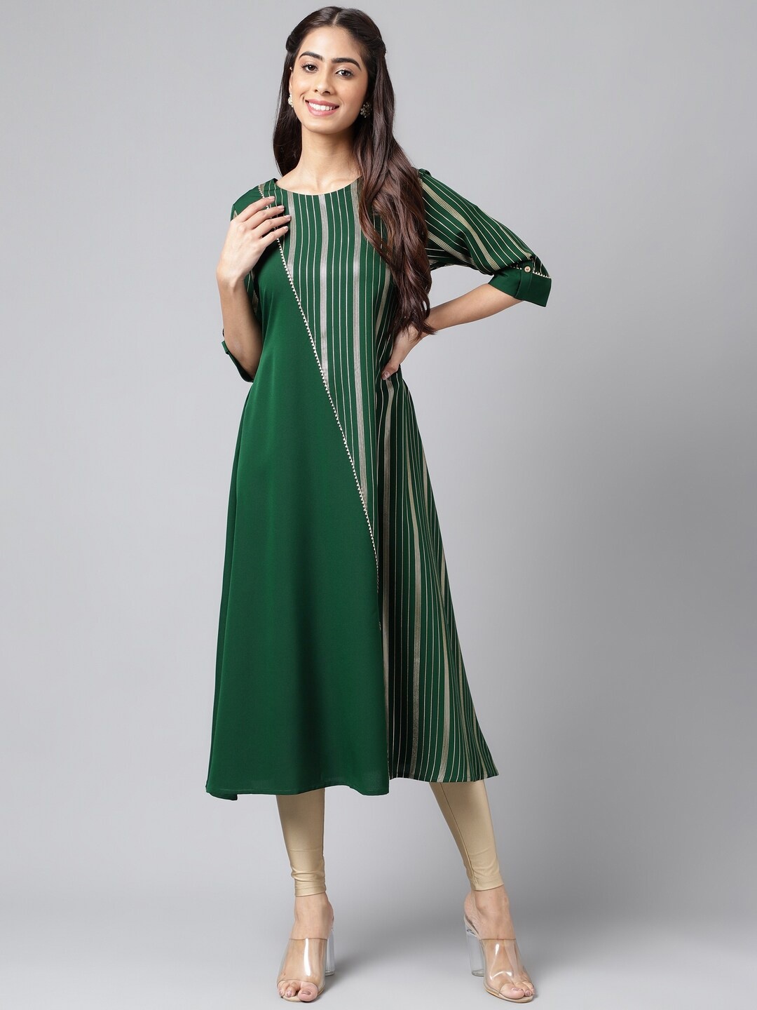 

Janasya Green Striped Printed Gotta Patti Detail A-Line Kurta