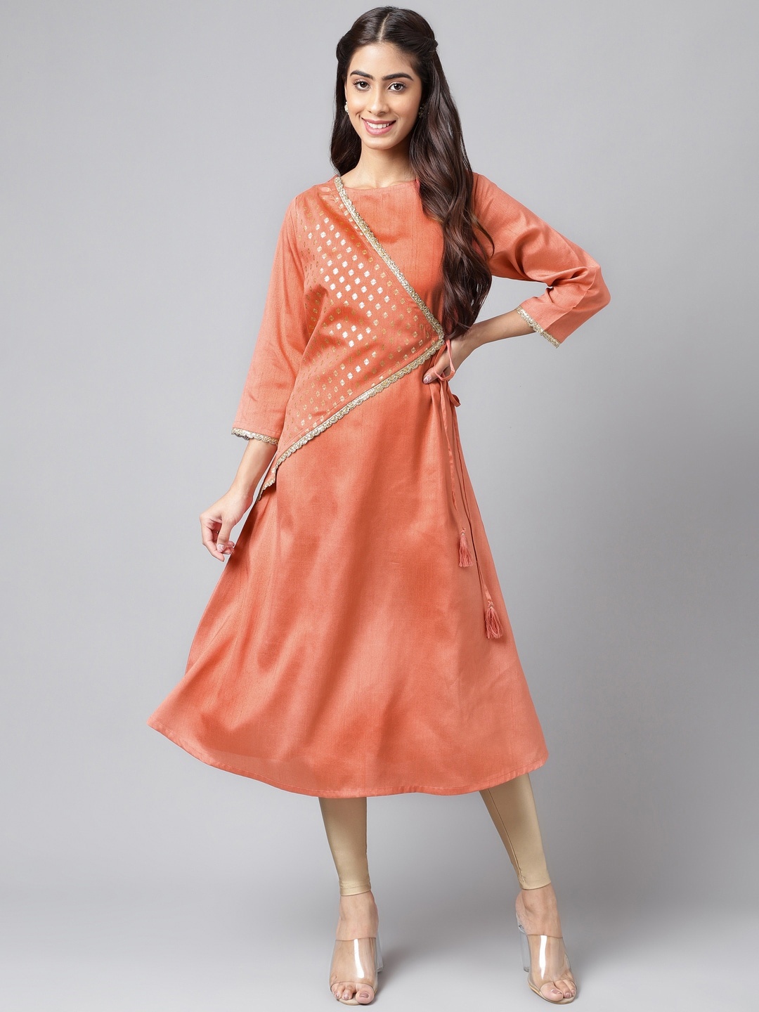 

Janasya Peach Ethnic Motifs Woven Design Round Neck Angrakha A-Line Kurta
