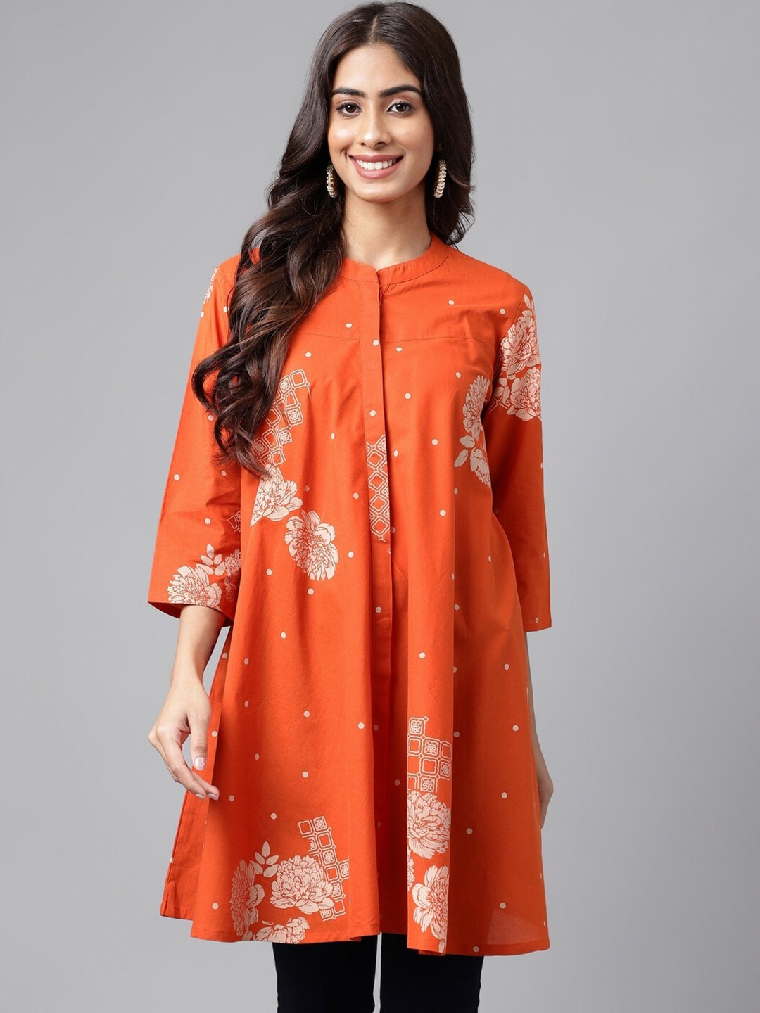 

Janasya Women's Orange Pure Cotton Floral Printed Flared Tunic