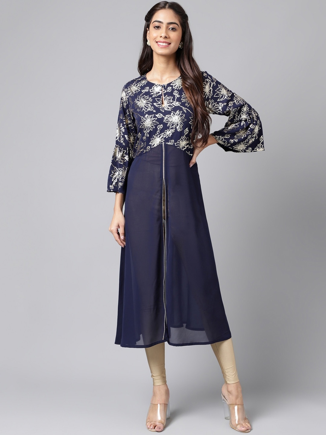 

Janasya Navy Blue Floral Printed Keyhole Neck Bell Sleeves High Slit A-Line Kurta