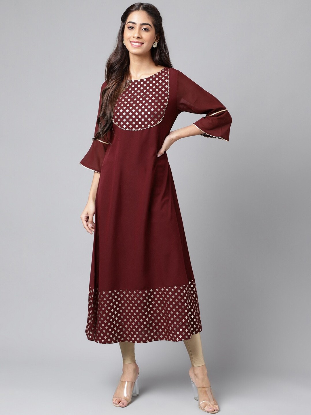 

Janasya Brown Bell Sleeves Gotta Patti Detailed A-Line Kurta
