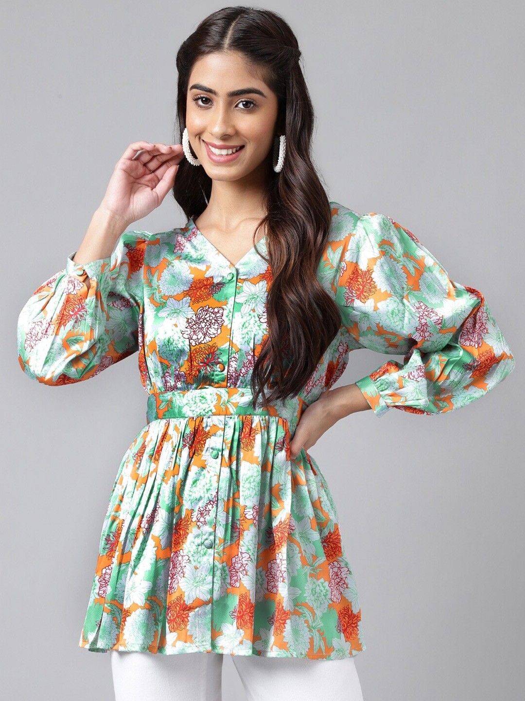 

Janasya Floral Printed Satin A-Line Top, Green