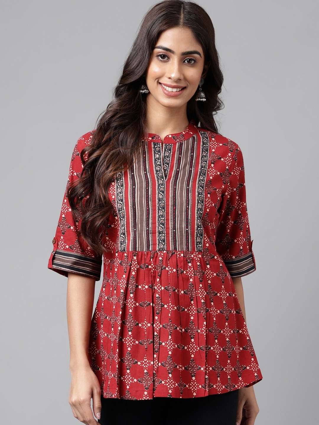 

Janasya Ethnic Motifs Printed Mandarin Collar Cotton Top, Maroon