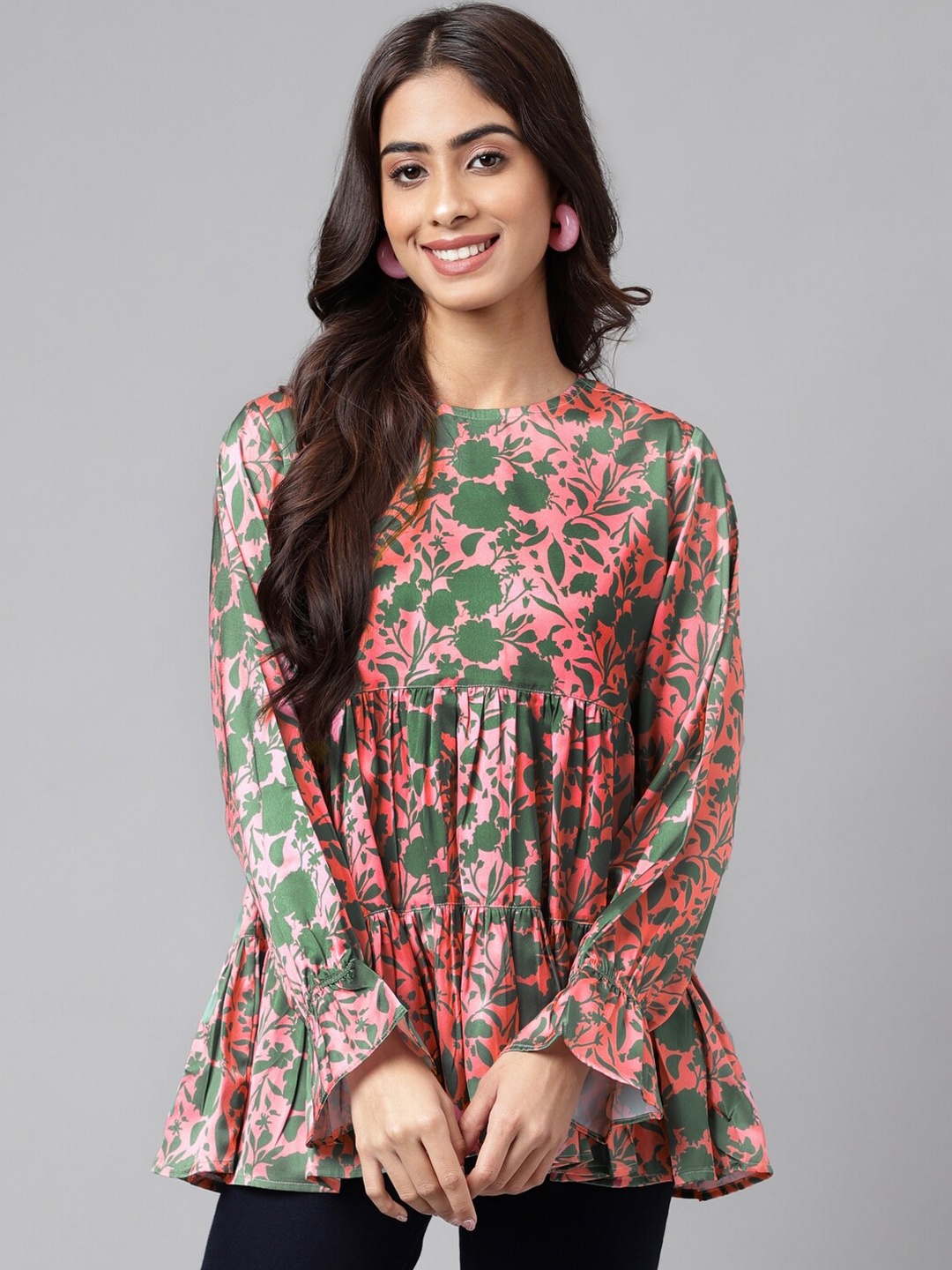 

Janasya Floral Printed Satin Tiered A-Line Top, Pink