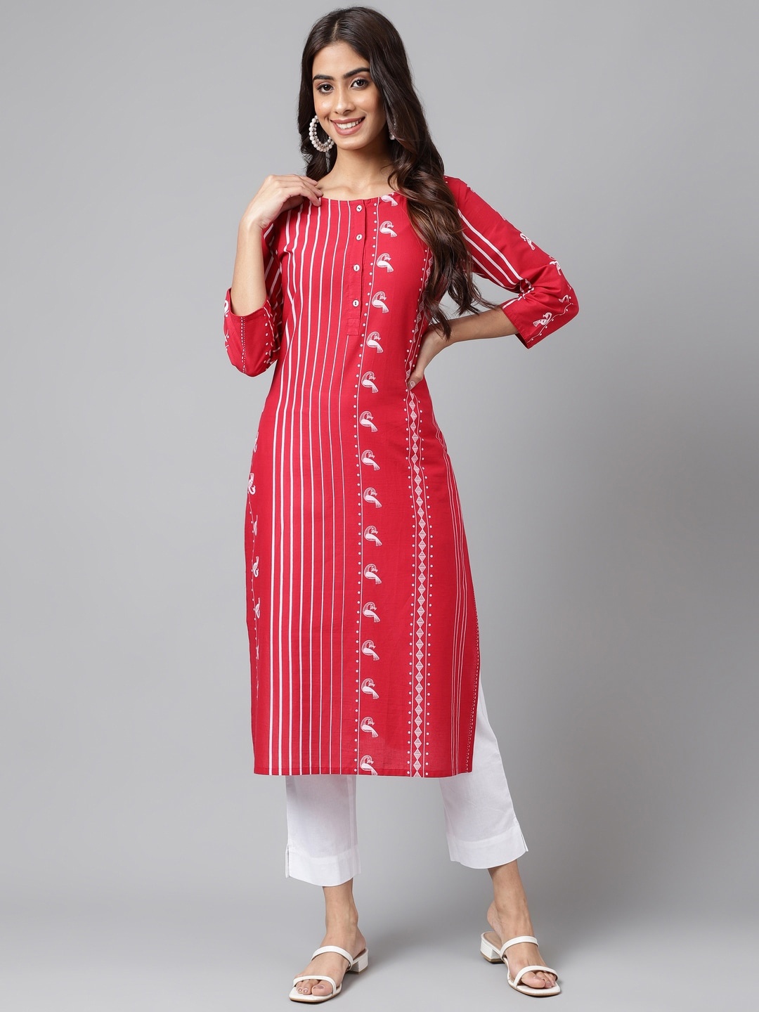 

Janasya Red & White Striped Round Neck Cotton Straight Kurta