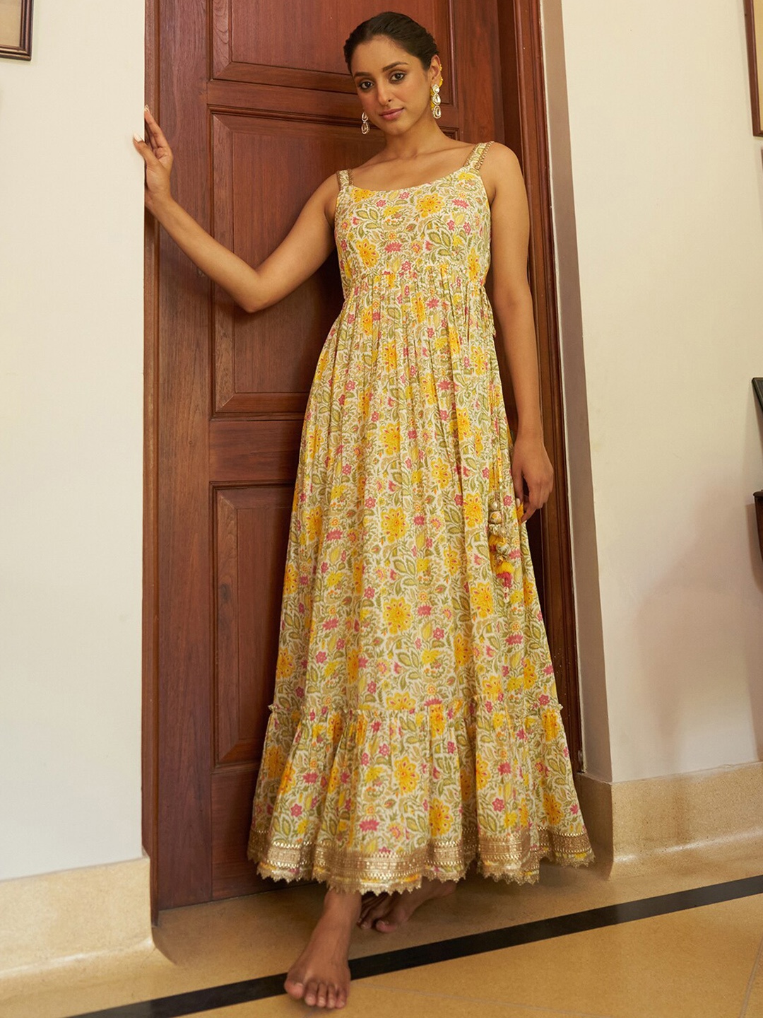 

Janasya Floral Printed Gathered & Pleated Shoulder Strap Cotton Maxi Ethnic Dress, Cream