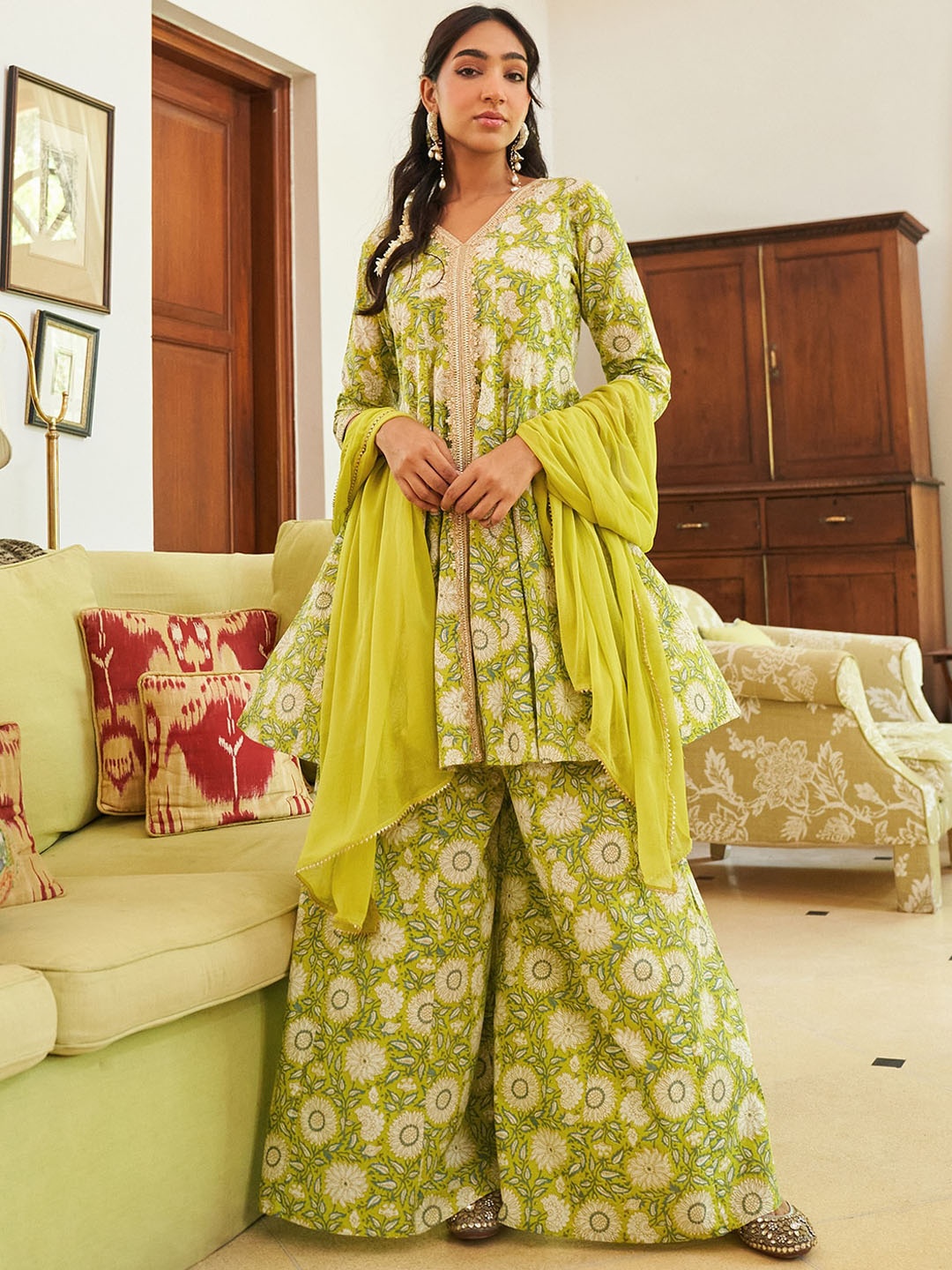 

Janasya Lime Green Floral Printed Pure Cotton Kurta with Palazzos & With Dupatta