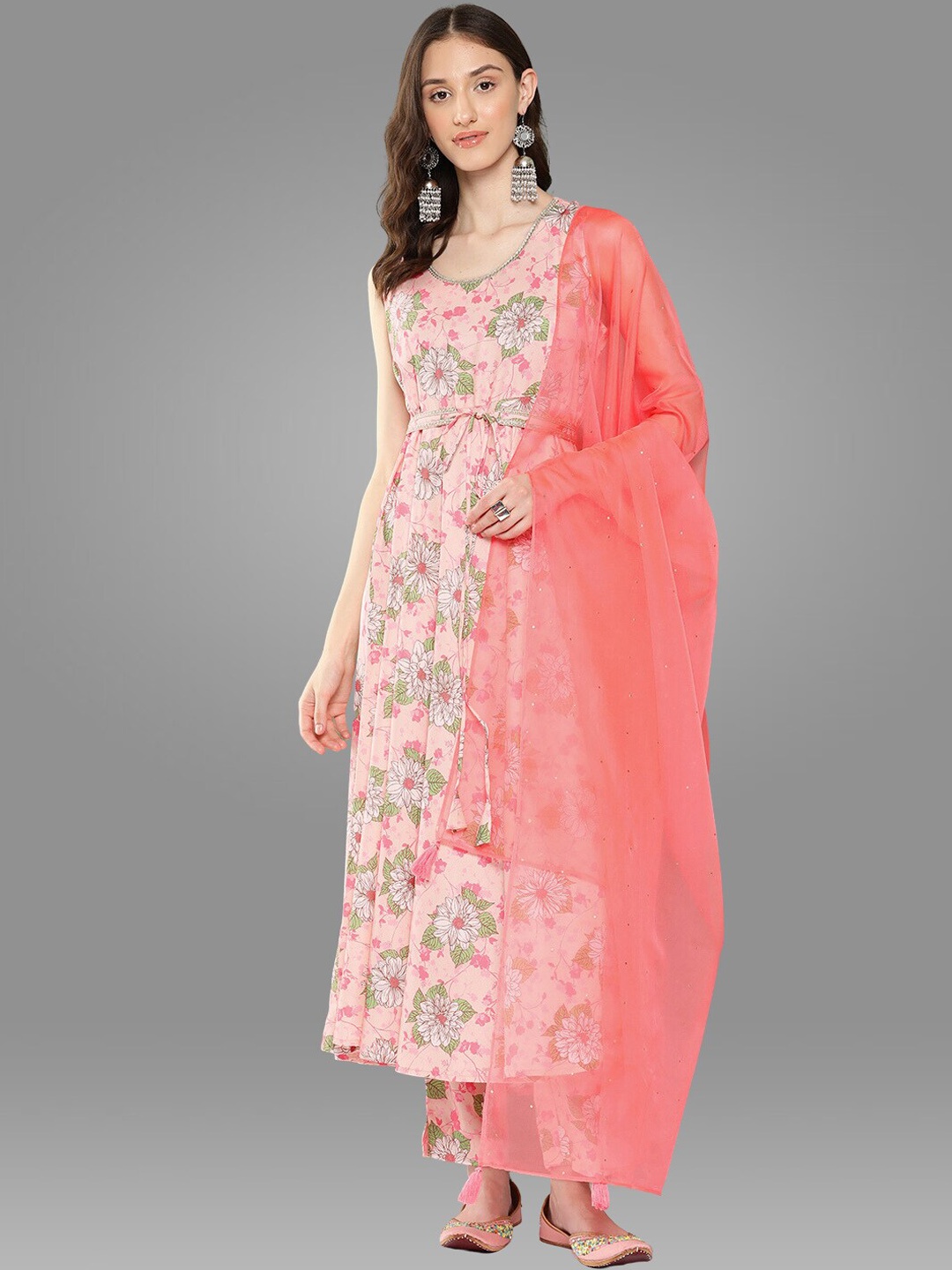 

Janasya Peach-Coloured Floral Printed Gotta Patti Anarkali Kurta with Trousers & Dupatta