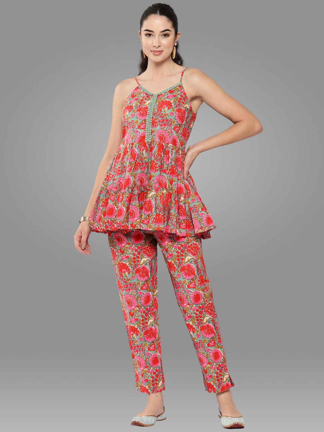 

Janasya Floral Printed Shoulder Strapped Pure Cotton A-line Top with Trousers, Blue