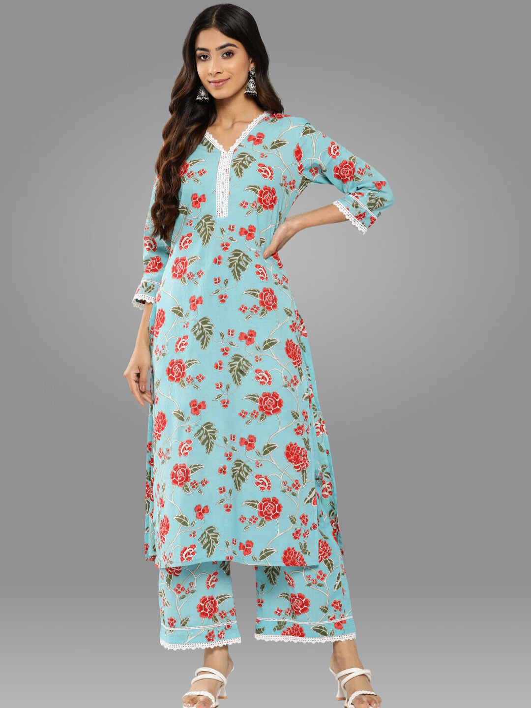 

Janasya Floral Printed Pure Cotton Kurta with Palazzos, Blue