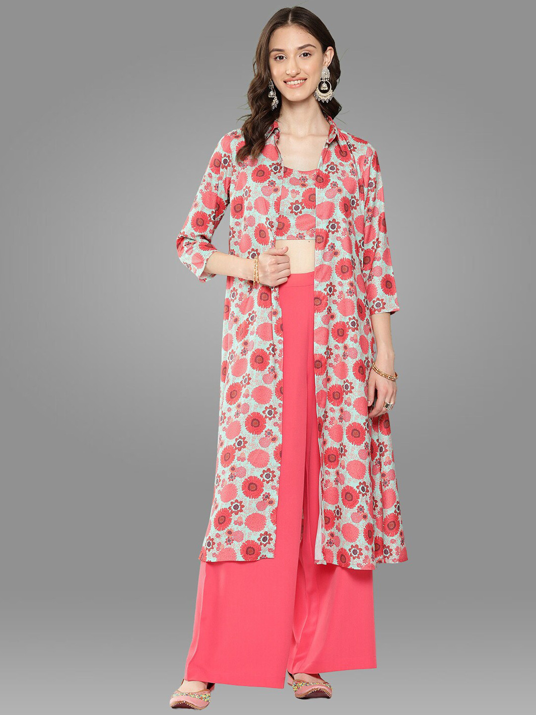 

Janasya Peach Colour Floral Printed Pure Cotton Crop Top With Trouser & Shrug, Red