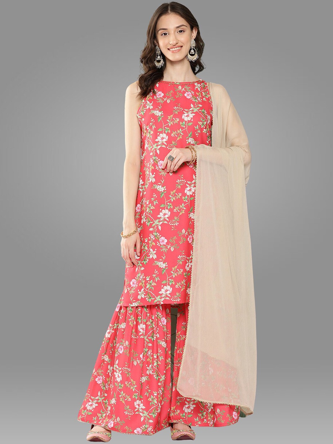 

Janasya Pink Floral Printed Gotta Patti Straight Kurta & Sharara with Dupatta