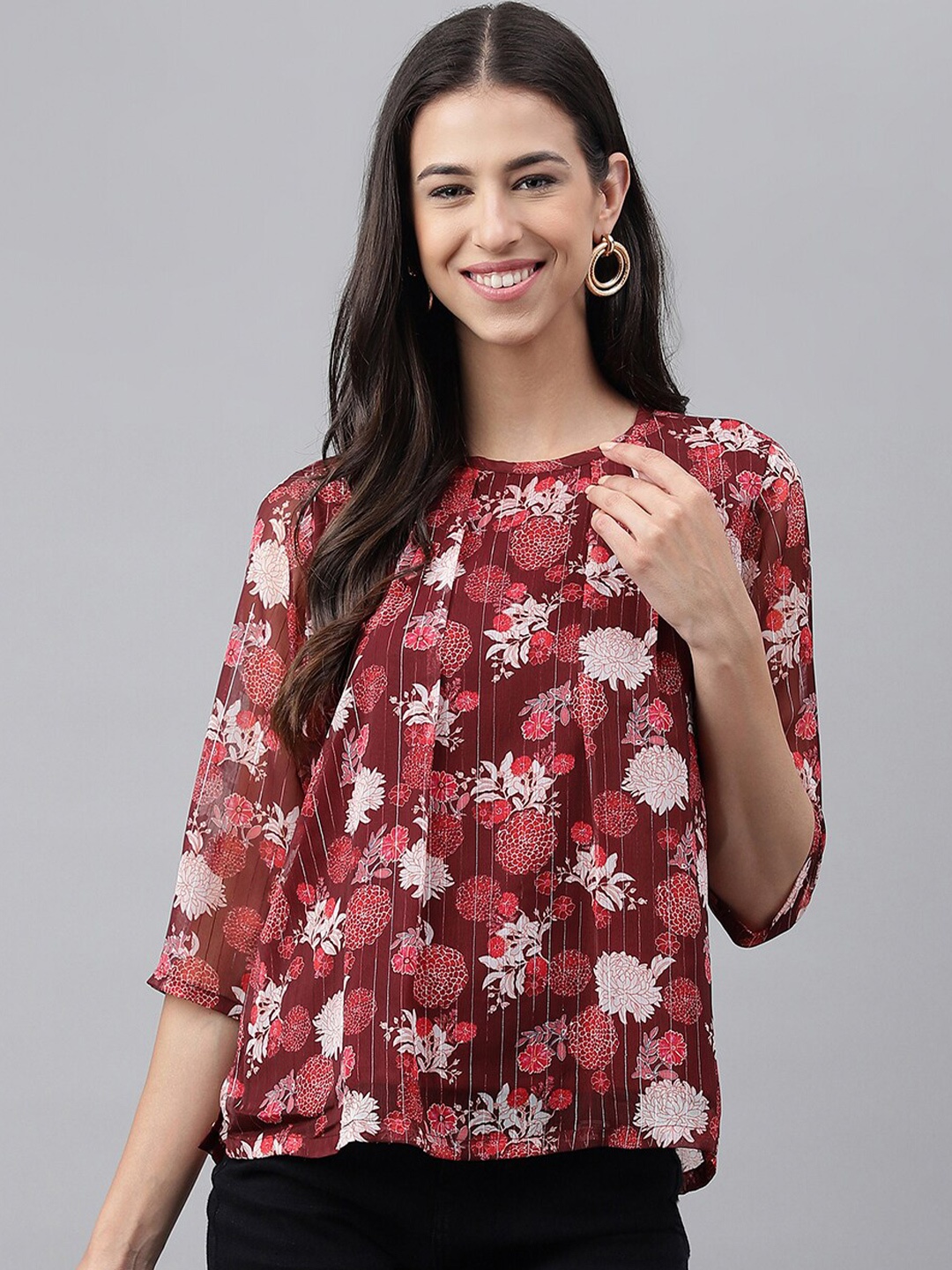 

Janasya Floral Printed Regular Top, Maroon