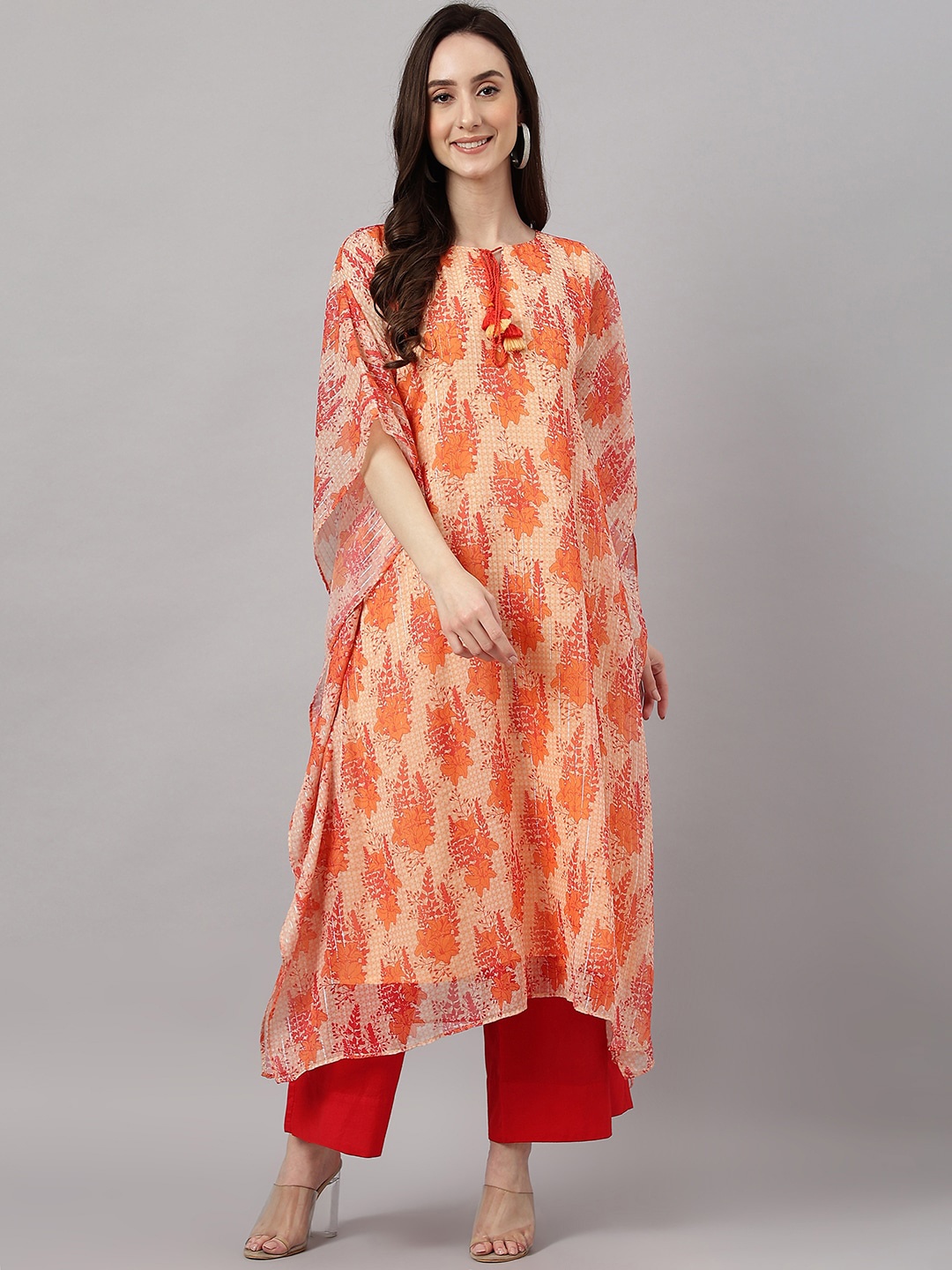 

Janasya Women Floral Printed Kaftan Kurta, Orange
