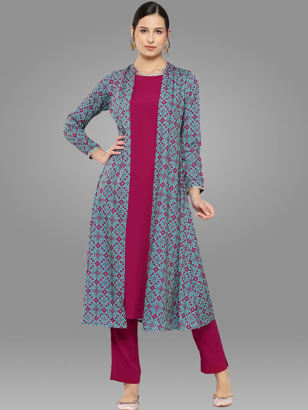 

Janasya Pink Ethnic Motifs Printed Gotta Patti Kurta with Trousers