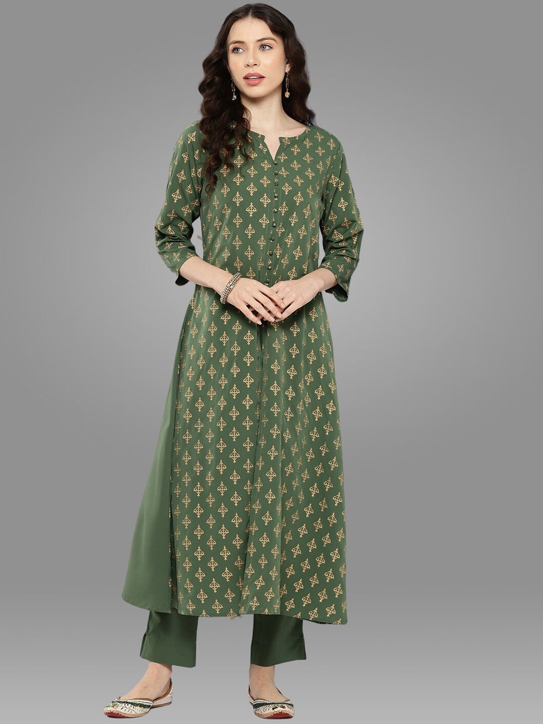 

Janasya Floral Printed A-line Kurta with Trousers, Green