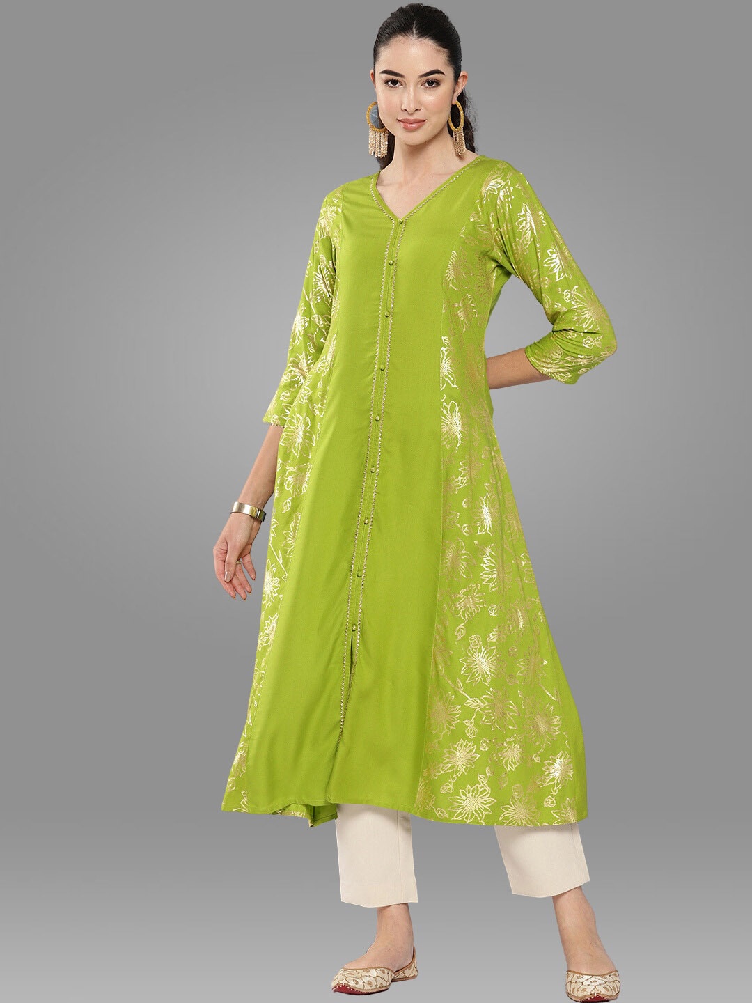 

Janasya Green Floral Printed Gotta Patti Detail Panelled A-Line Kurta