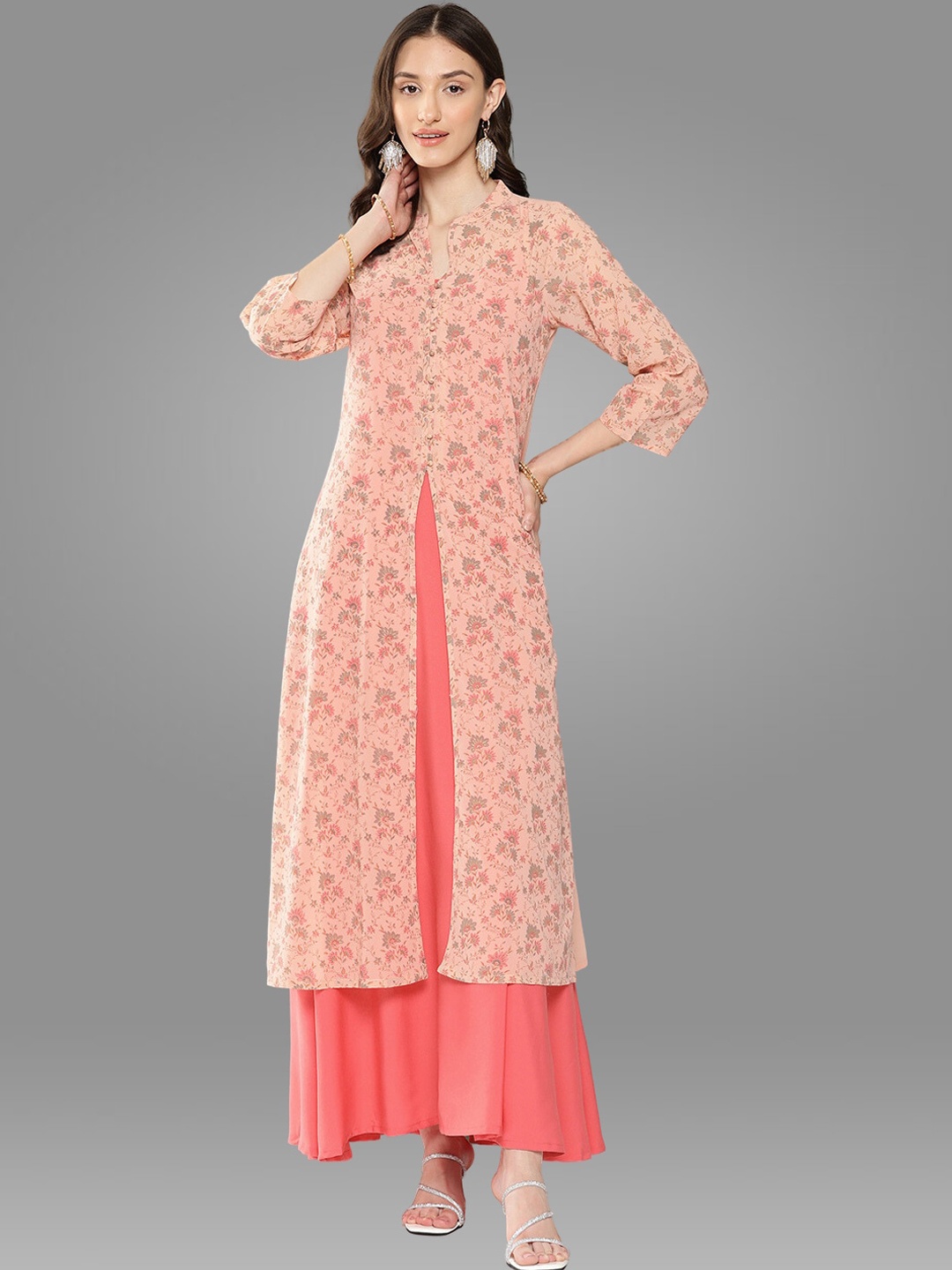 

Janasya Peach-Coloured Mandarin Collar Floral Printed A-Line Kurta