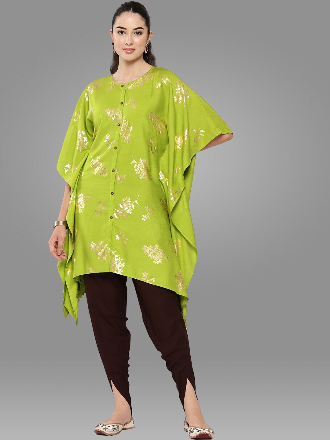 

Janasya Lime Green Floral Printed Kurta with Trousers
