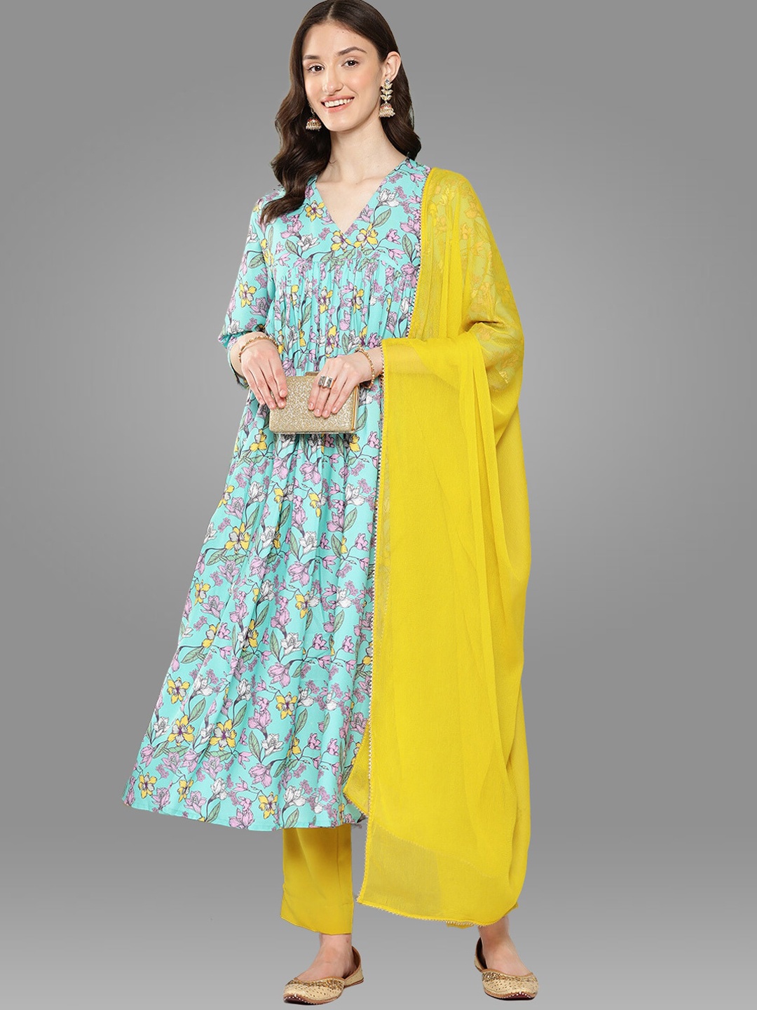 

Janasya Sky Blue Floral Printed V-Neck Empire Kurta with Trousers And Dupatta