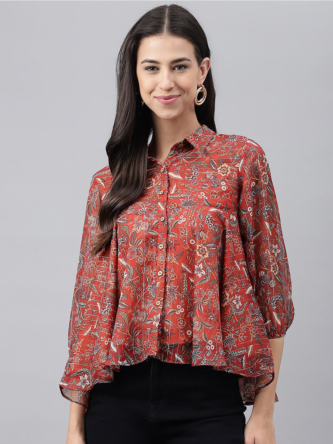 

Janasya Floral Printed Shirt Style Flared Top, Rust