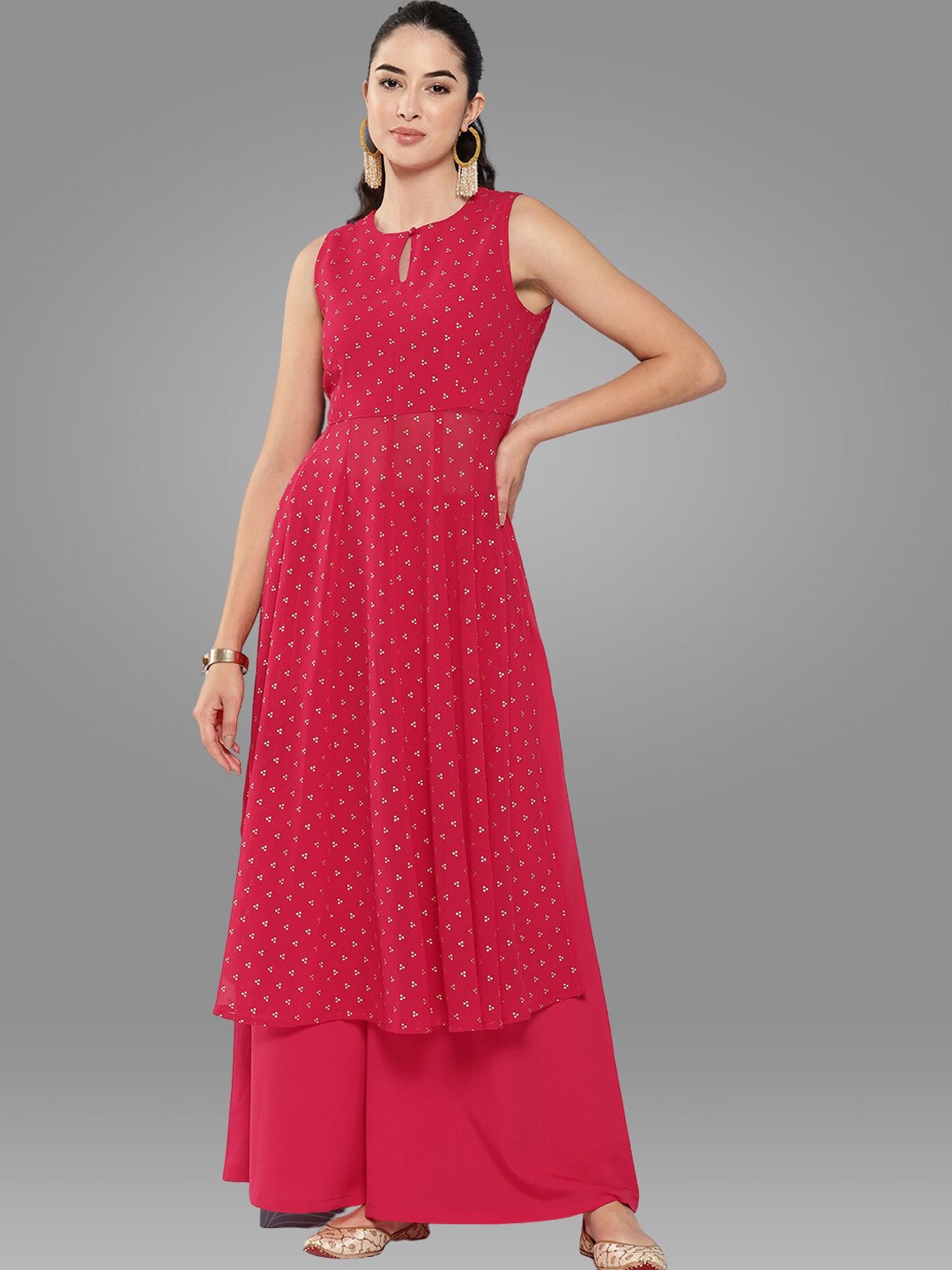 

Janasya Women Geometric Printed Kurta With Palazzos, Red