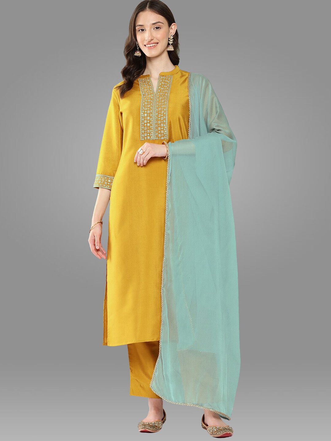 

Janasya Mustard Yellow Ethnic Motifs Embroidered Silk Crepe Kurta with Trousers & Dupatta