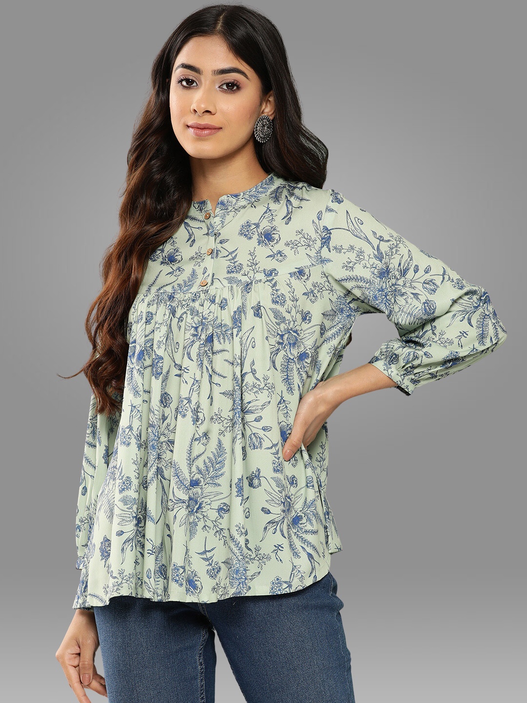 

Janasya Floral Printed Mandarin Collar Empire Top, Green