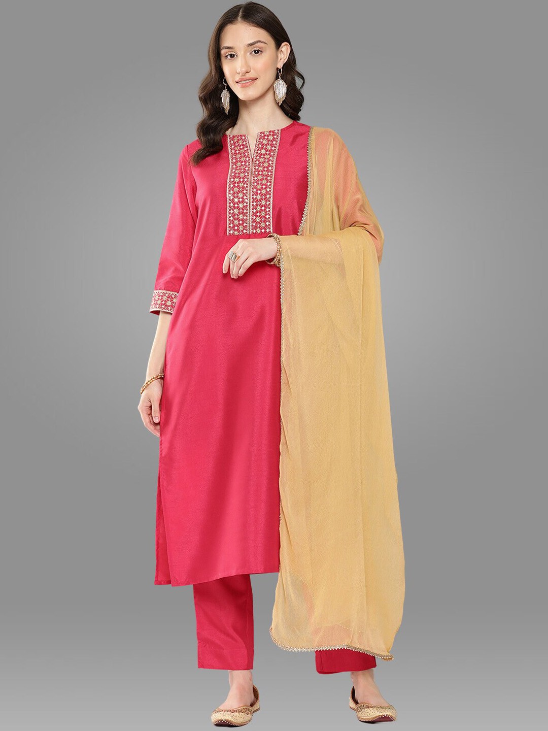 

Janasya Pink Ethnic Motifs Embroidered Silk Crepe Kurta with Trousers & Dupatta