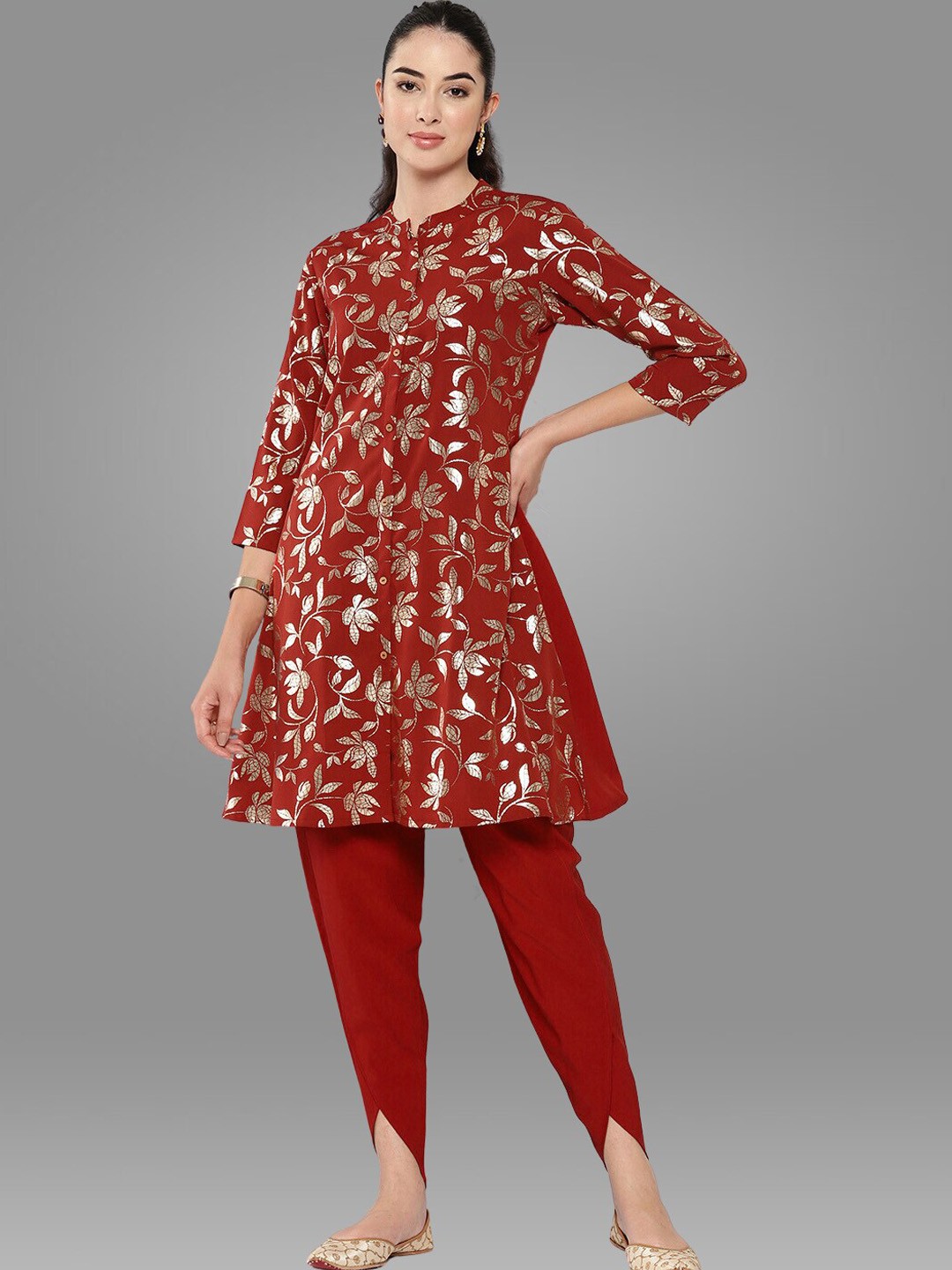 

Janasya Red Floral Printed Regular Kurta with Dhoti Pants