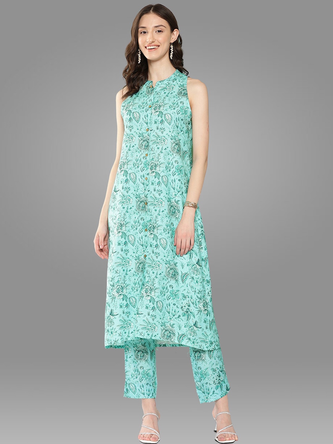 

Janasya Blue Floral Printed Sleeveless Tunic With Trousers