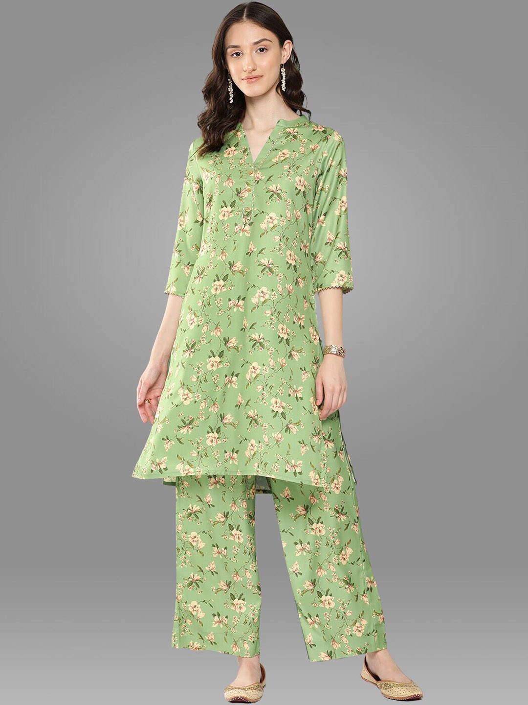 

Janasya Floral Printed Tunic With Palazzos, Green