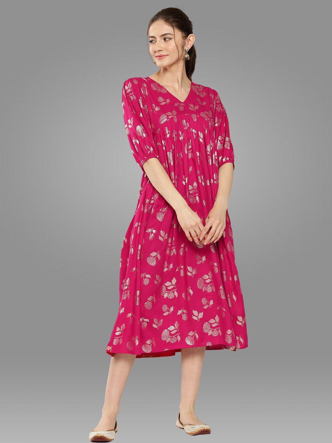 

Janasya Floral Printed V-Neck Puff Sleeves Midi Dress, Pink