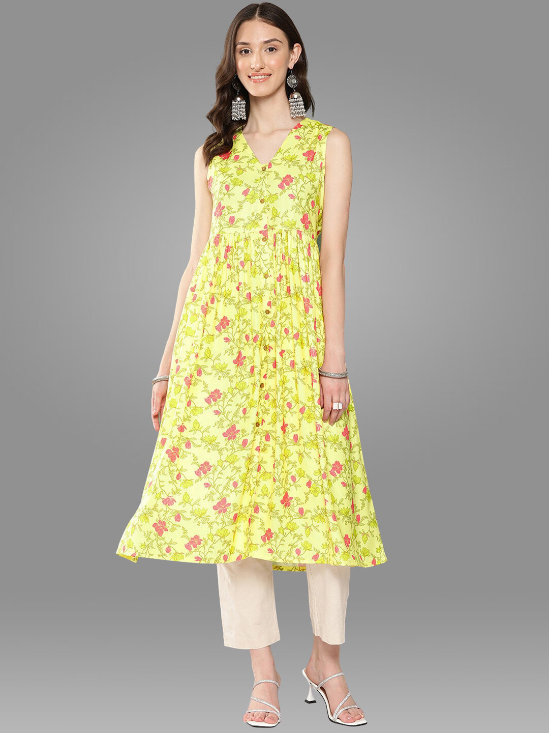 

Janasya Yellow Floral Printed V-Neck Pleated A-Line Kurta