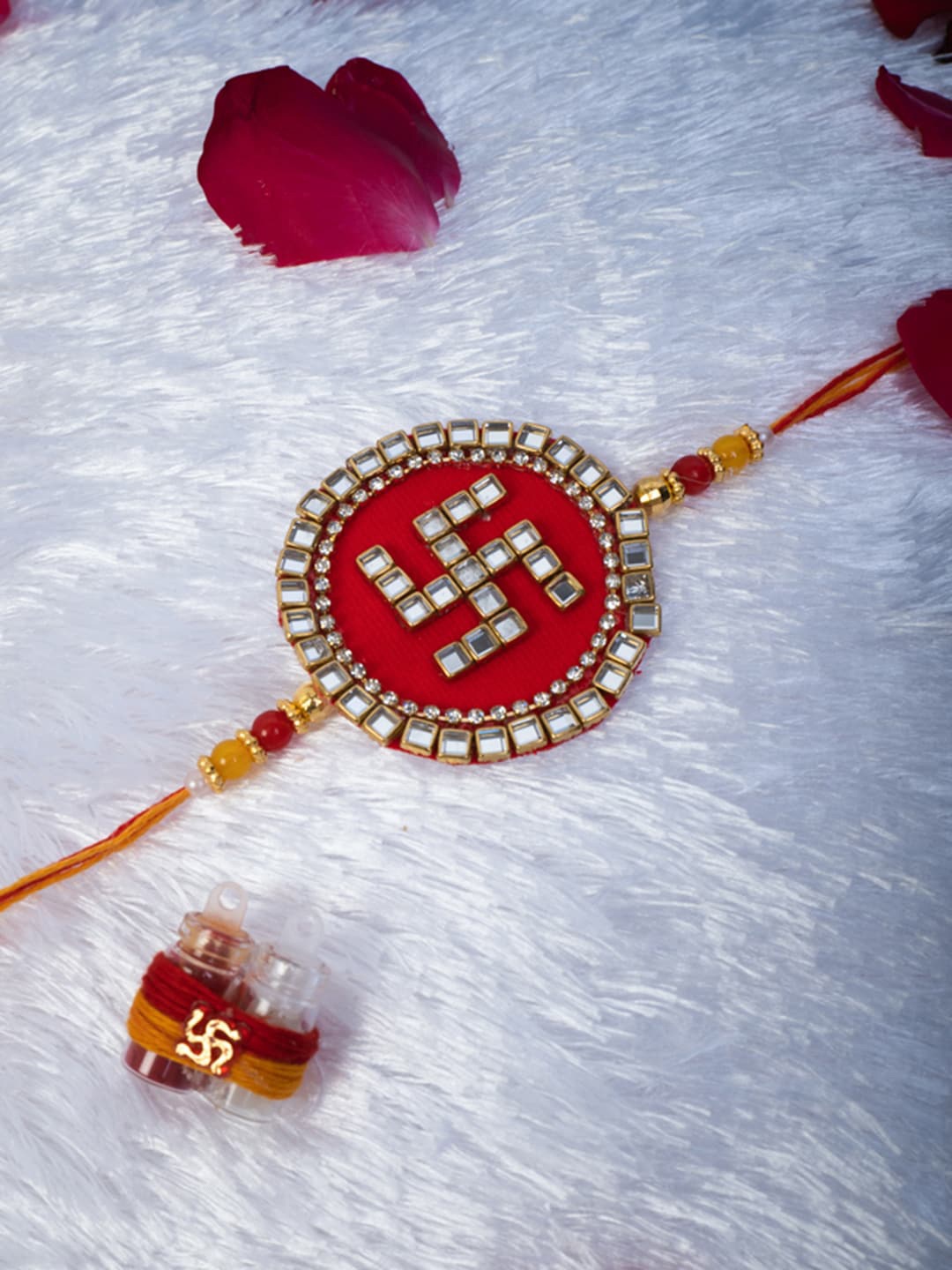 

PANASH Men Stone Studded & Beaded Rakhi With Roli Chawal, Gold