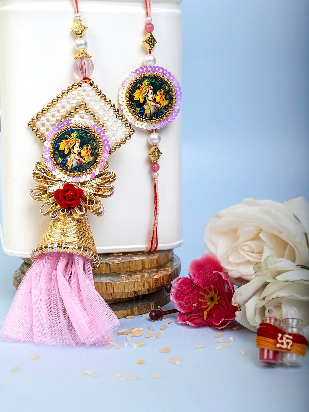 

PANASH Unisex Set Of 2 Gold-Plated Pearl-Studded Thread Rakhi With Roli Chawal