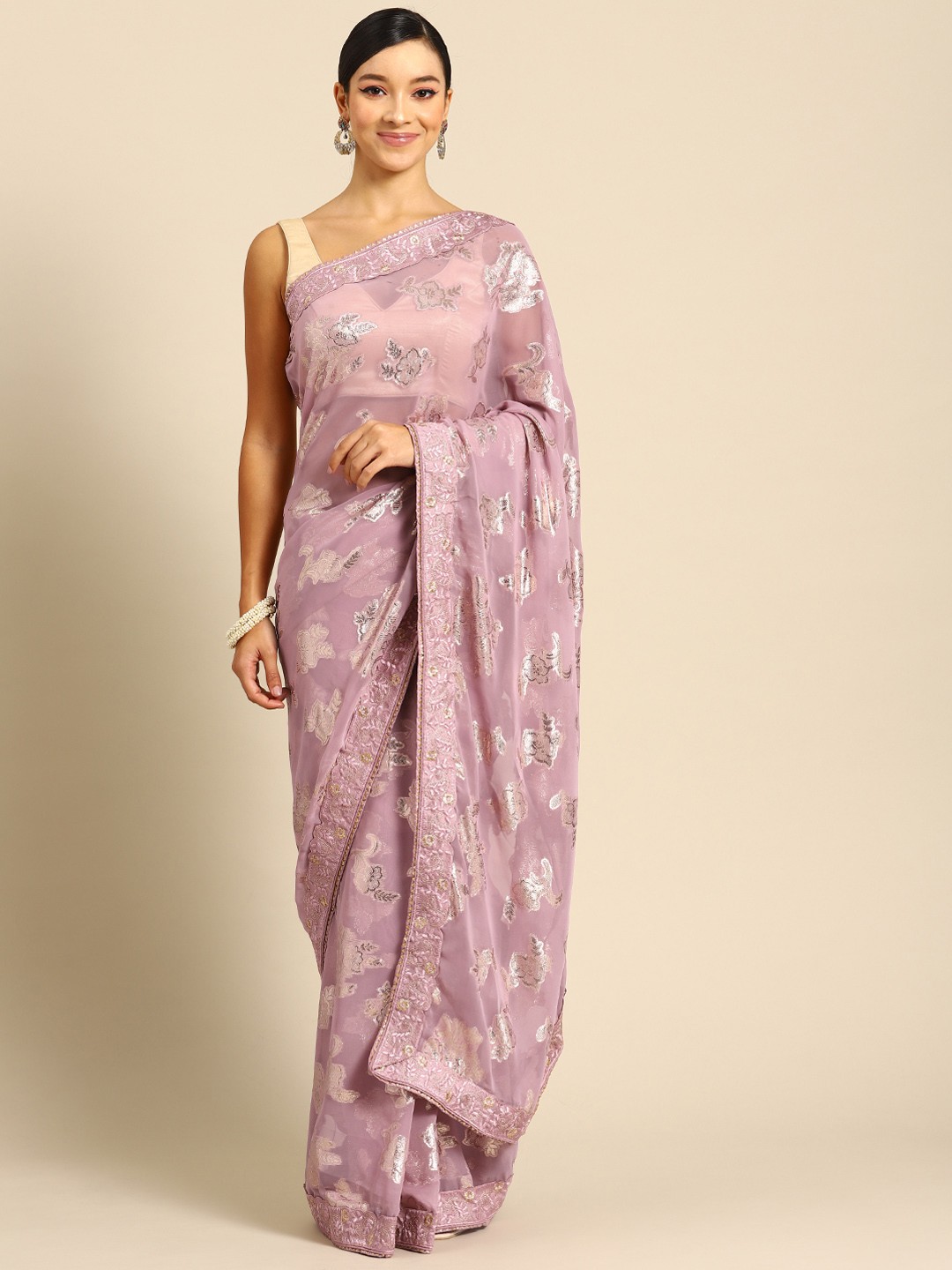 

MANOHARI Floral Zari Saree, Pink