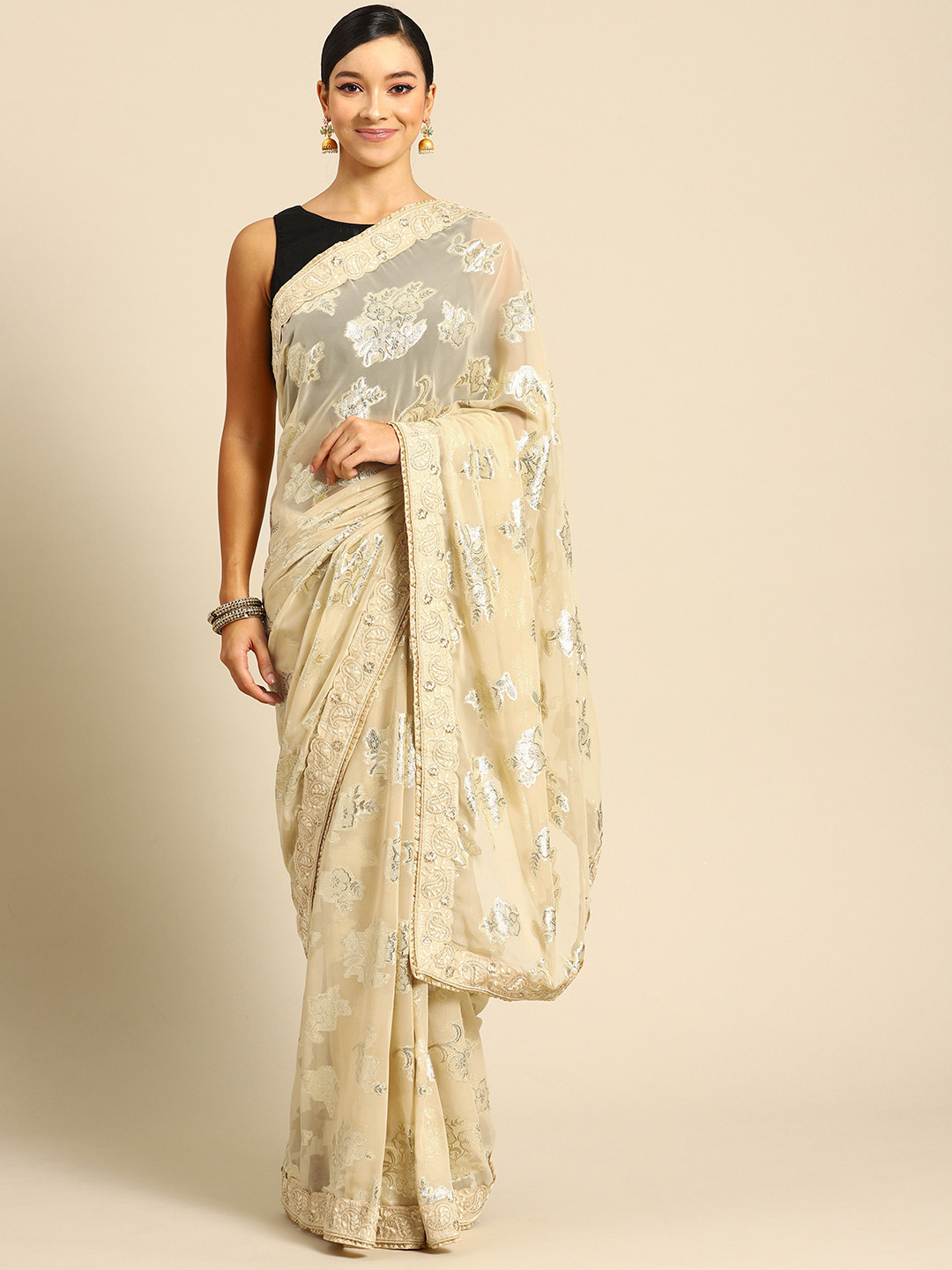 

MANOHARI Embellished Zari Saree, Beige