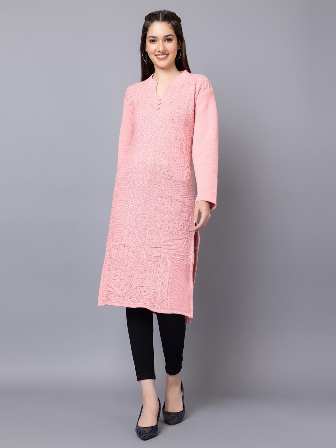 

TYSORT Self Designed Embroidery Mandarin Collar Straight Woolen Kurta, Pink