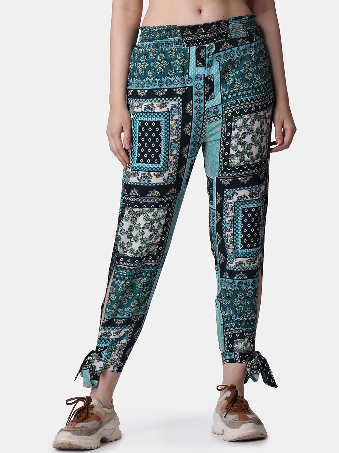 

Popwings Women Relaxed Ethnic Motifs Printed Loose Fit Easy Wash Trousers, Blue