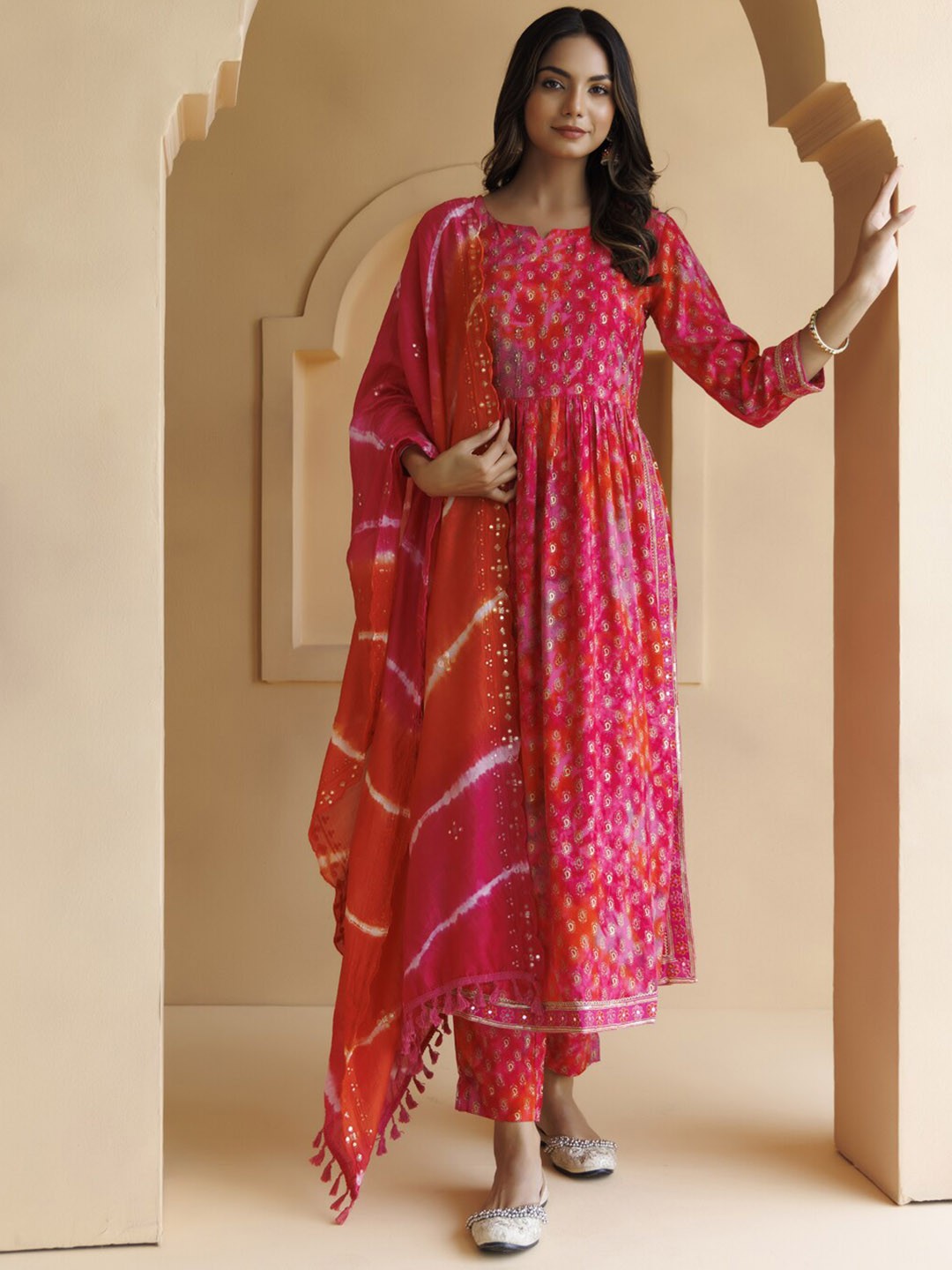 

Geroo Jaipur Paisley Printed Mirror Work Kurta With Palazzos & Dupatta, Pink