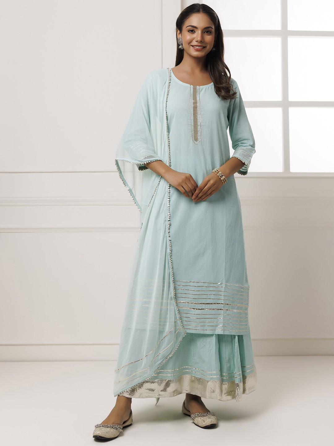 

Geroo Jaipur Yoke Design Regular Pure Cotton Gotta Patti Kurta with Skirt & Dupatta, Sea green
