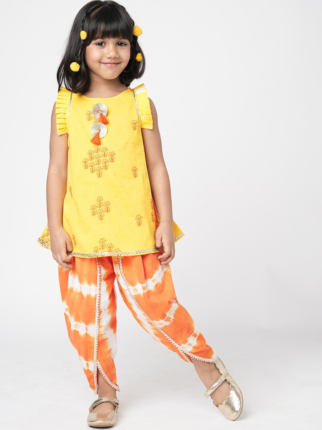 

LIL DRAMA Girls Floral Embroidered Pure Cotton Kurta With Dhoti Pants, Yellow