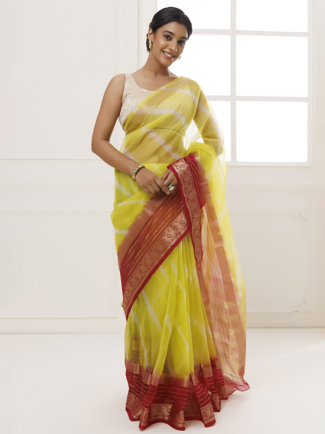 

Geroo Jaipur Tie and Dye Organza Leheriya Saree, Lime green