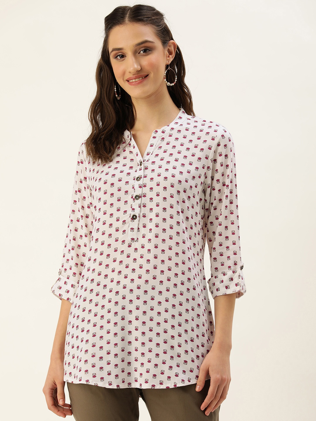 

AMUKTI Mandarin Collar Floral Print Tunic, White