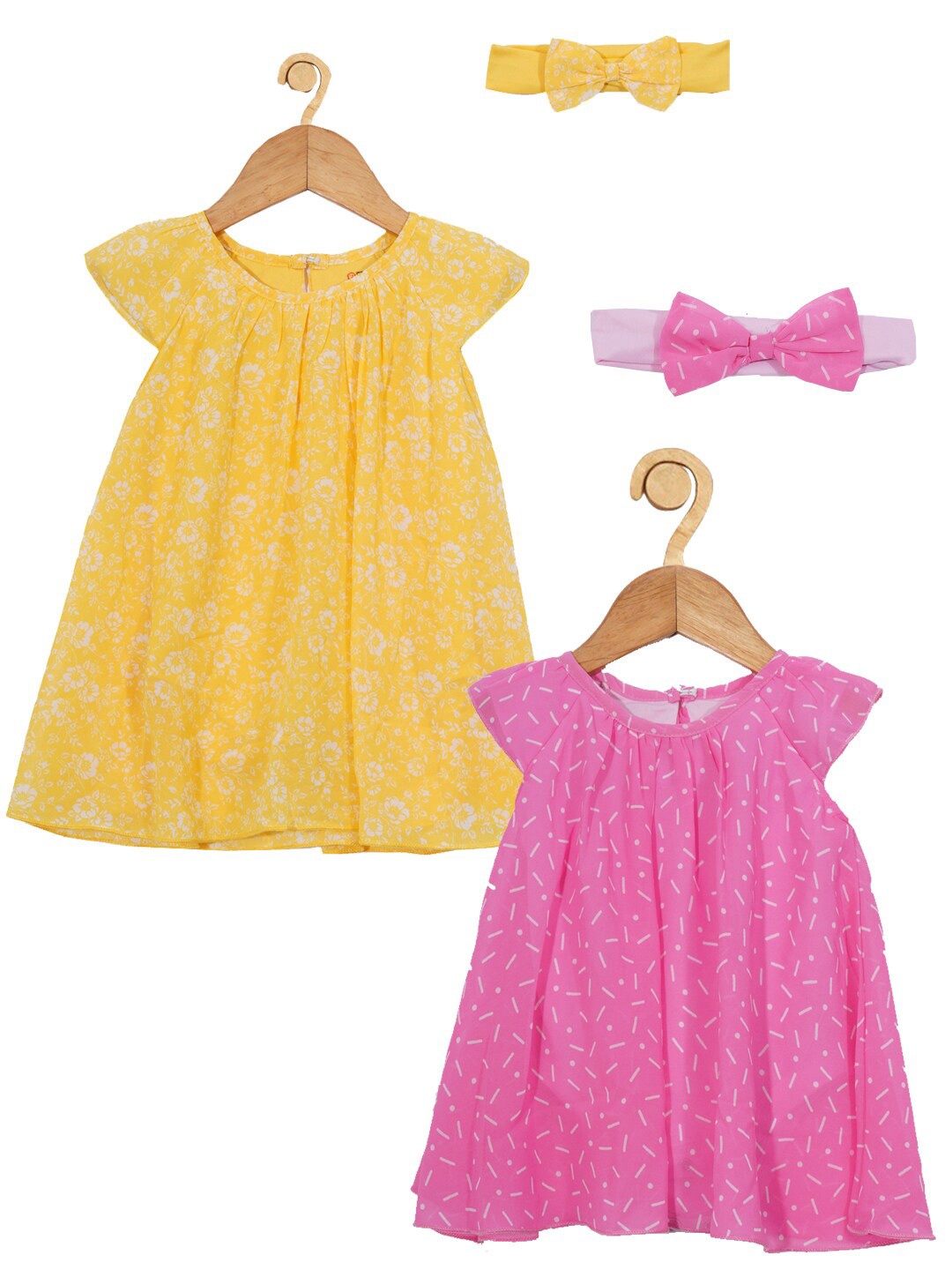 

Creative Kids Pack of 2 Printed Gathered & Pleated Round Neck A-Line Dress, Pink